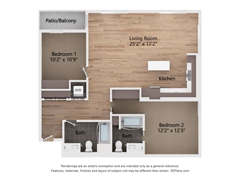 A floor plan of a home with two bedrooms, a living room, a kitchen, and two bathrooms.